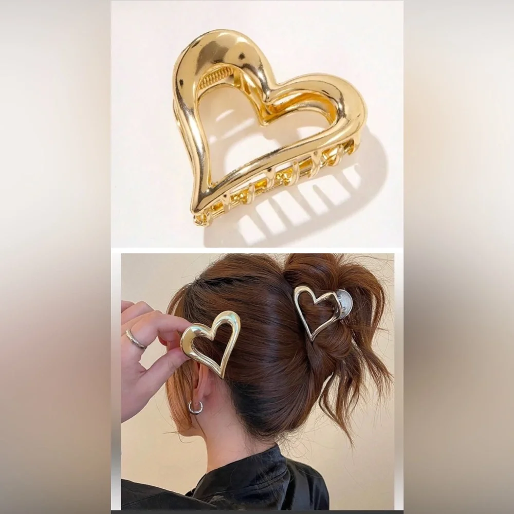 2 Heart bracelet & barrette gold jewelry hammered metal love gift Mother’s Day